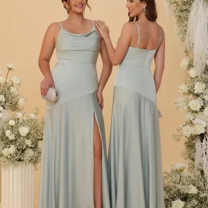 Robes de Demoiselle d'Honneur Fourreau/Colonne à Bretelles Spaghetti, Col Drapé, sans Manches, avec Fente Latérale