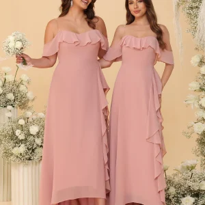 Robes de Demoiselle d'Honneur Ligne A/Princesse Décolleté Épaule Nue Bretelles Spaghetti sans Manches avec Volants