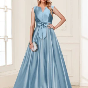 Robe de Mère de la Mariée Coupe A-Line/Princesse, Col en V, Sans Manches avec Nœud