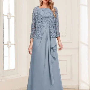 Robe Mère de la Mariée 2 Pièces en Mousseline de Soie et Dentelle, Col Carré, Manches 3/4 avec Appliques et Veste
