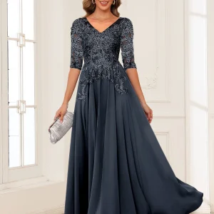 Robe de Mère de la Mariée en Mousseline de Soie, Coupe Trapèze/Princesse, Col en V, Manches Longues avec Appliques