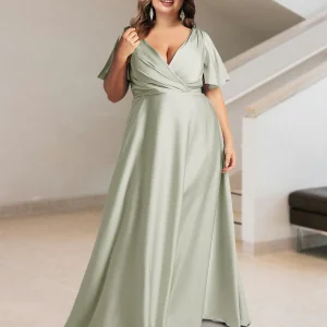 Ligne A/Princesse Col en V Manches Courtes Satin de Soie Grande Taille Robes de Demoiselle d'Honneur avec Poches