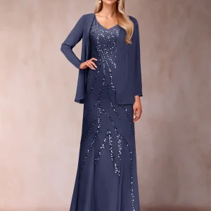 Robe de Mère de la Mariée Fourreau/Colonne à Col En V et Longueur Au Sol avec Veste et Paillettes