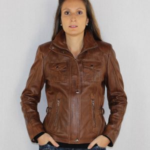 Blouson pour femme en cuir agneau marron marbré tina