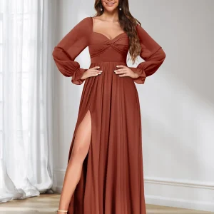 Robe de Demoiselle d'Honneur En Mousseline de Soie à Manches Longues et Décolleté En Cœur de Forme A/Princesse avec Fente Sur Le Côté