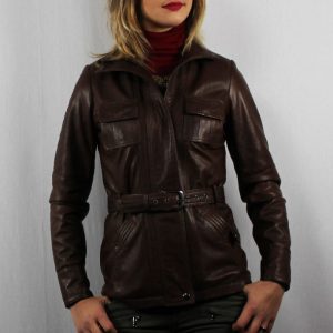 Veste en cuir marron avec ceinture pour femme