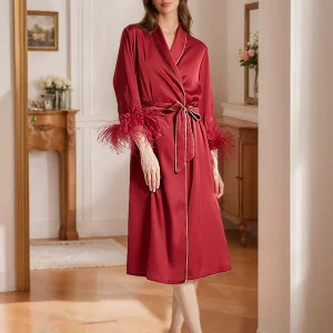 Robes de Femmes Haut de Gamme Longueur Mi-Mollet Rouge Vin avec Plumes