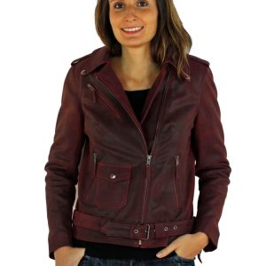 Blouson femme en cuir rouge craquelée nina