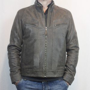Blouson en Cuir craquelé Kaki « Milano » Homme